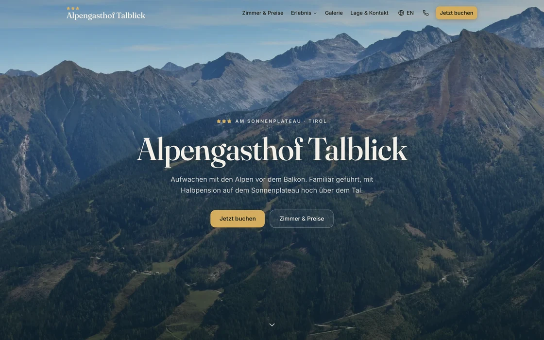 Warm, welcoming website design for a fictional Alpine guesthouse: classic serif type over a wide mountain panorama