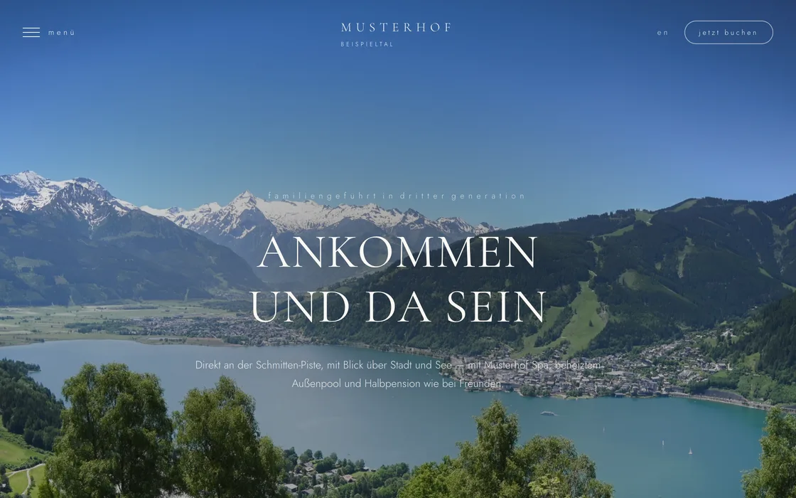 Light, airy website design for a fictional lakeside retreat: restrained type over a wide Alpine lake