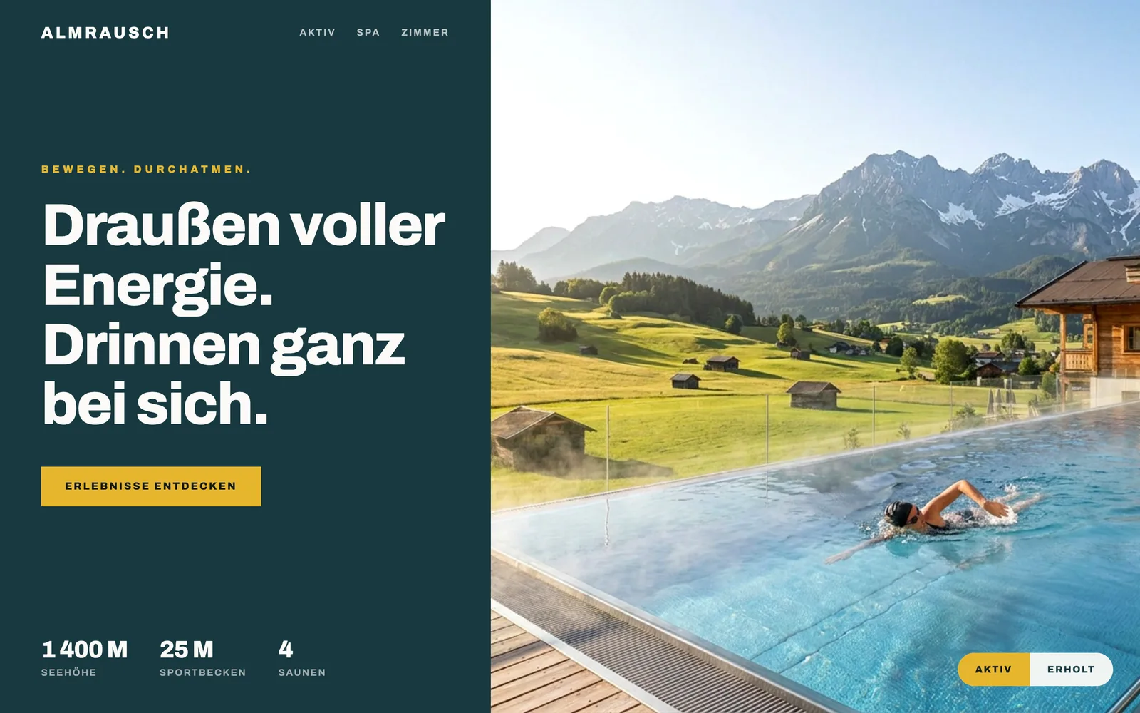 Energetic split-screen website design for a fictional active wellness hotel with a mountain pool