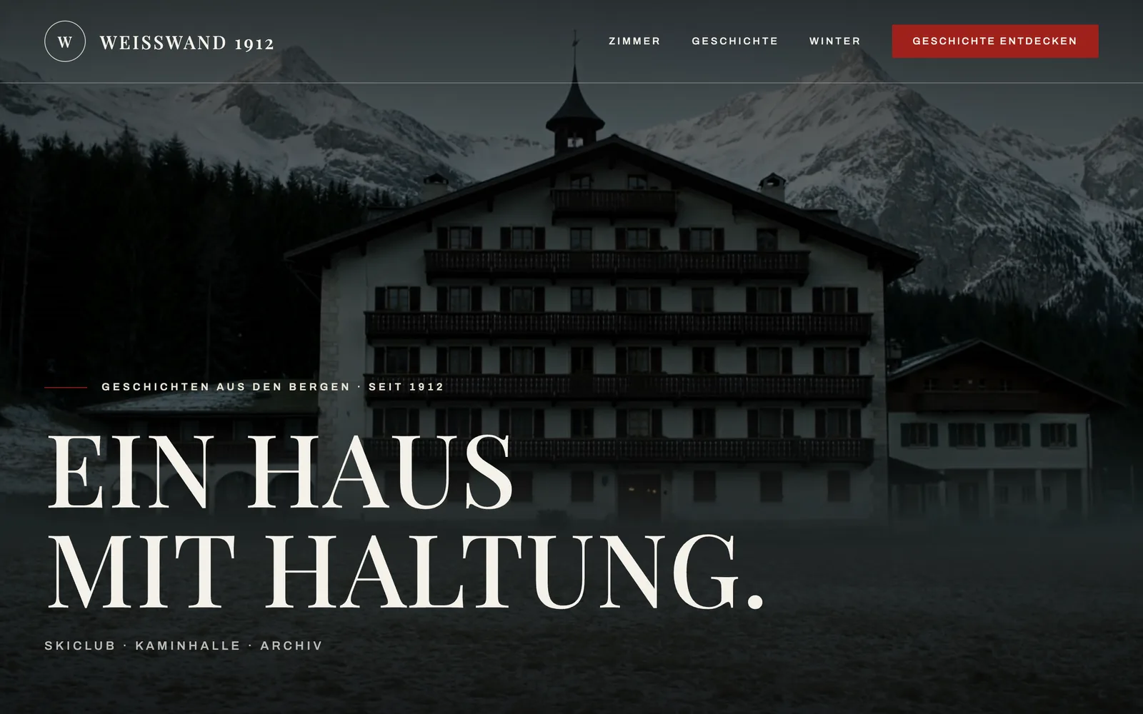 Bold heritage website design for a fictional ski club house from 1912: uppercase serif over a snowy chalet at dusk